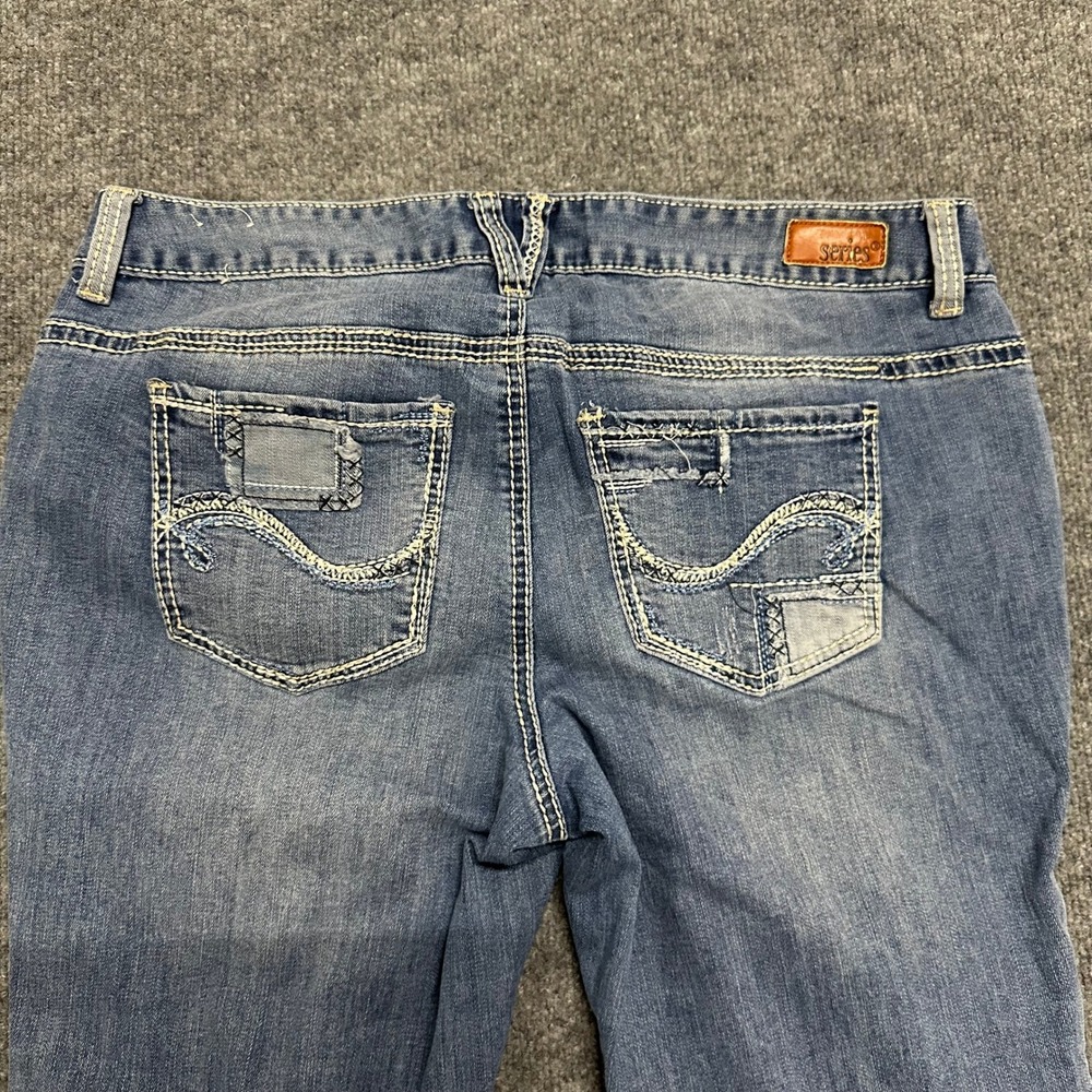 Short & Sexy Series Jeans Womens Size 14 Blue Distressed Bootcut Thick Stitch